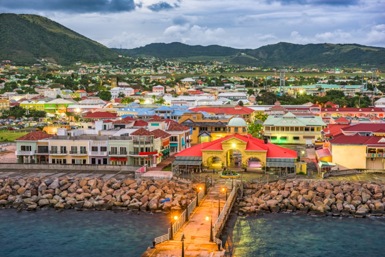 Basseterre, St. Kitts and Nevis town skyline at the port