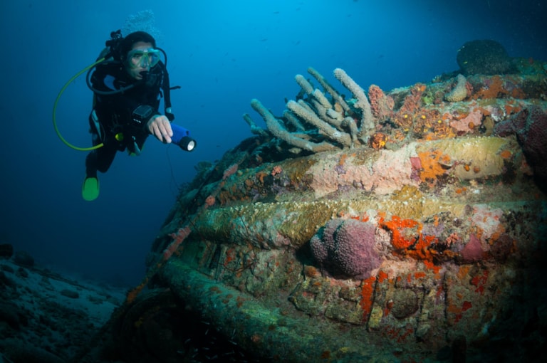 Woman diver examines a wreck on the Front Porch dive site, Bonaire, Netherlands Antilles