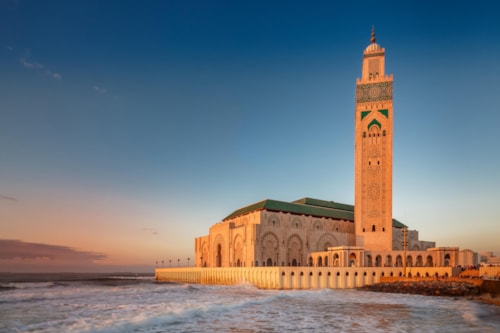 The Hassan II Mosque is the largest mosque in Morocco. Shot after sunset at blue hour in Casablanca