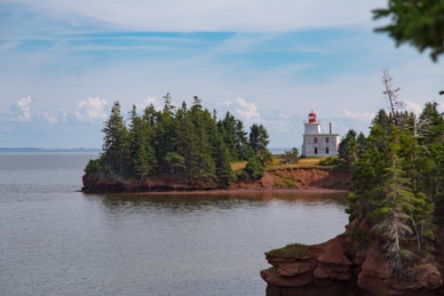 Blockhouse Point Lighthouse, located on Rocky Point on the west side of the Charlottetown Harbour entrance, Prince Edward Island, Canada A historic building