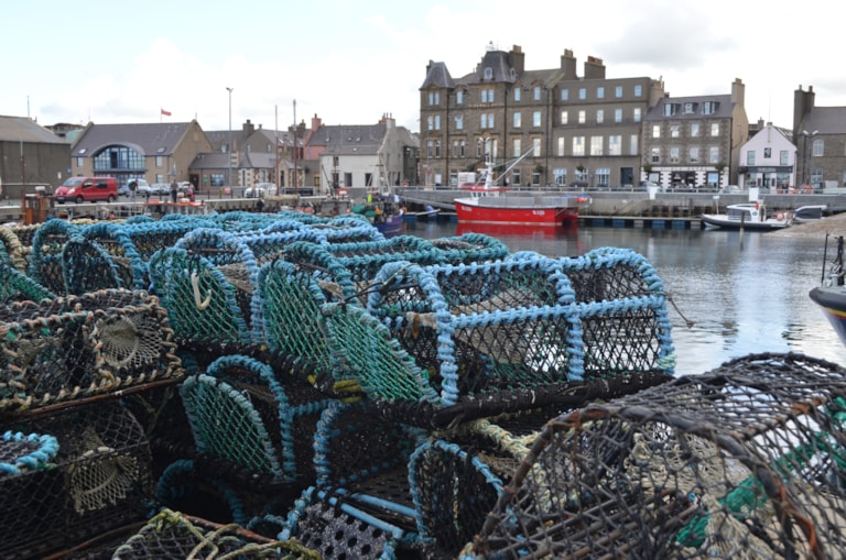 Crab creels in the fishing harbour of Kirkwall, capital of Orkney (Scotland)
