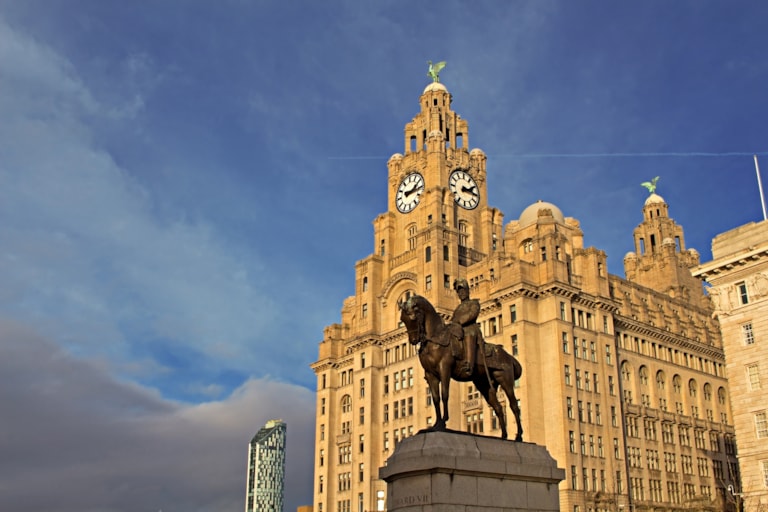 Royal Liver Building in Liverpool UK, one of the world's most famous waterfront skylines