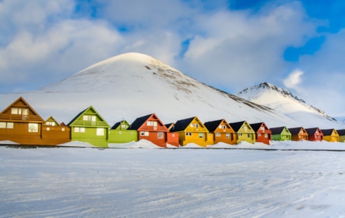 The colorful houses of the town of Longyearbyen, the largest settlement and the administrative center of Svalbard, Norway
