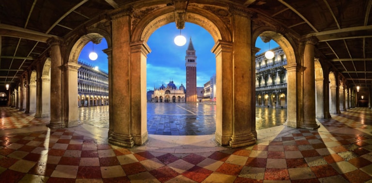 Hallway night panorama view at Piazza San Marco in Venice, Italy.