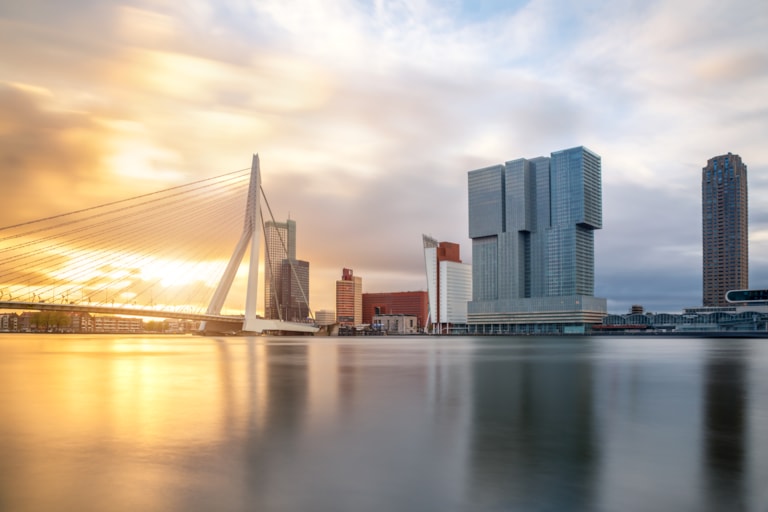 Landausfluege in Rotterdam: Fluss mit Erasmusbrücke und Terminal