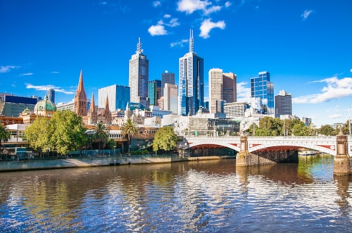Melbourne skyline looking towards Flinders Street Station. Australia