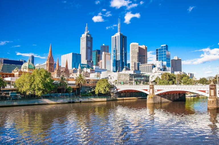 Melbourne skyline looking towards Flinders Street Station. Australia